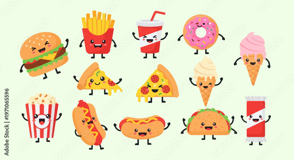 Fototapeta premium Smiling Fast Food and Snack Items: Cute Flat Cartoon Vector Illustration