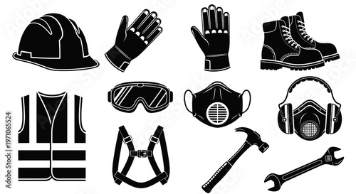 Industrial Safety Equipment and Work Tools Glyph Icons Set Black  White Silhouette