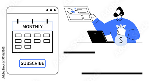 E-commerce, financial planning, subscription services, budgeting, remote work, digital payments. Calendar showing Monthly Subscribe and a man holding money. E-commerce and financial planning