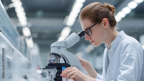 Scientist looks closely at a test tube while using a microscope in a bright laboratory setting with a light blue theme