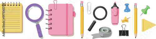Office Supplies Illustration Set with Notebooks, Magnifying Glass, Paper Clips, Highlighters, and Stationery for Workplace and School Designs