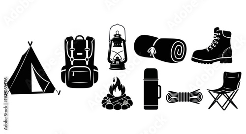 Outdoor Camping Gear and Hiking Equipment Glyph Icons Set - Black and White Silhouette