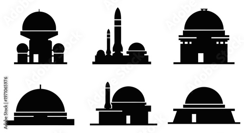 Science and Space Facilities Glyph Icons. Astronomy Observatories and Rocket Launch Silhouettes.