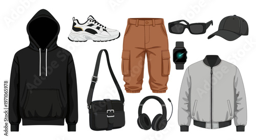 Flat Vector Illustration of Men's Casual Urban Fashion Outfit and Accessories Collection