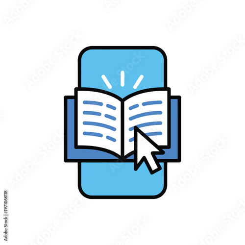 An illustration of an open book on a blue e-reader device with a computer mouse cursor