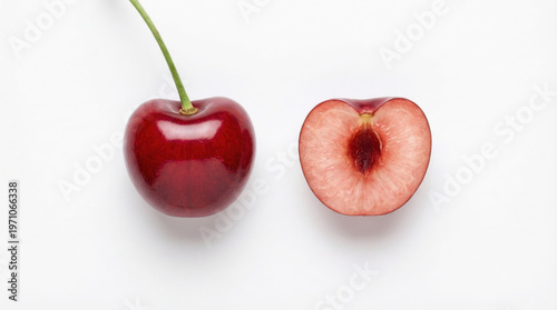 AI Cherry Whole and Half Isolated on White Background Fruit Anatomy