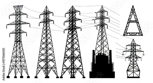 Electricity Power Transmission Pylons and Towers Vector Line Art Silhouette Set