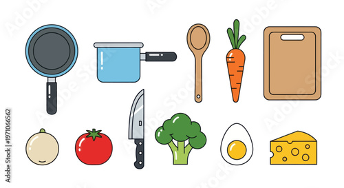 Food and Cooking Kitchen Utensils and Ingredients Flat Line Art Icons Set