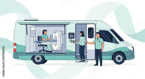 Mobile CT Scan Unit: Medical Van with Technicians and Patient for Diagnostic Imaging