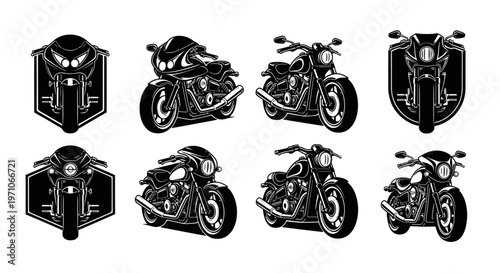 Automotive Biker Culture Motorcycle Black and White Line Art Vector Emblems Set