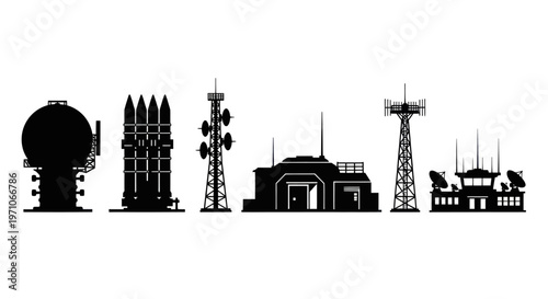 Military Defense  Communication Technology Installations Silhouette Vector Icon Set