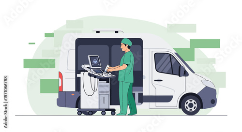 Mobile Medical Unit: Doctor Operating Ultrasound Machine in Van