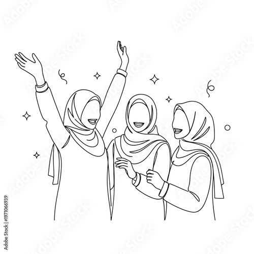 Three Women Wearing Headscarves Celebrating.