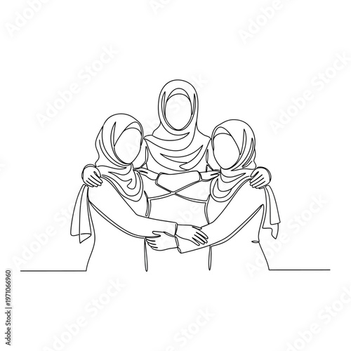 Three Women Wearing Headscarves Embracing.