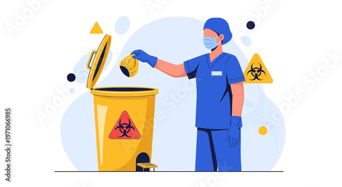 Medical waste disposal by nurse in biohazard bin, healthcare safety concept