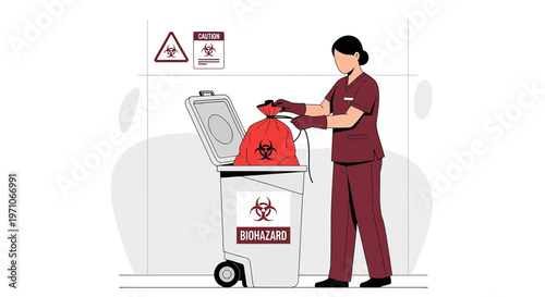 Medical worker disposes of biohazard waste in red bag into medical bin