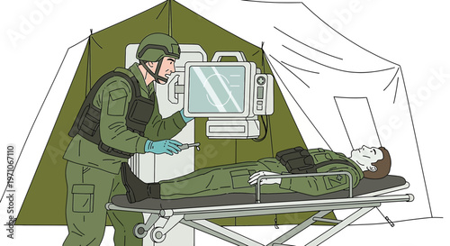 Military Medic Tending to Patient in Field Hospital Tent with Medical Equipment