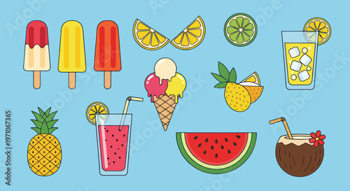 Summer Food  Drink Flat Vector Illustration: Ice Cream, Popsicles, Fruits  Refreshments
