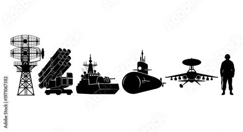 Military Defense Equipment Vector Silhouette Set: Radar, Missile, Ship, Submarine, Aircraft, Soldier