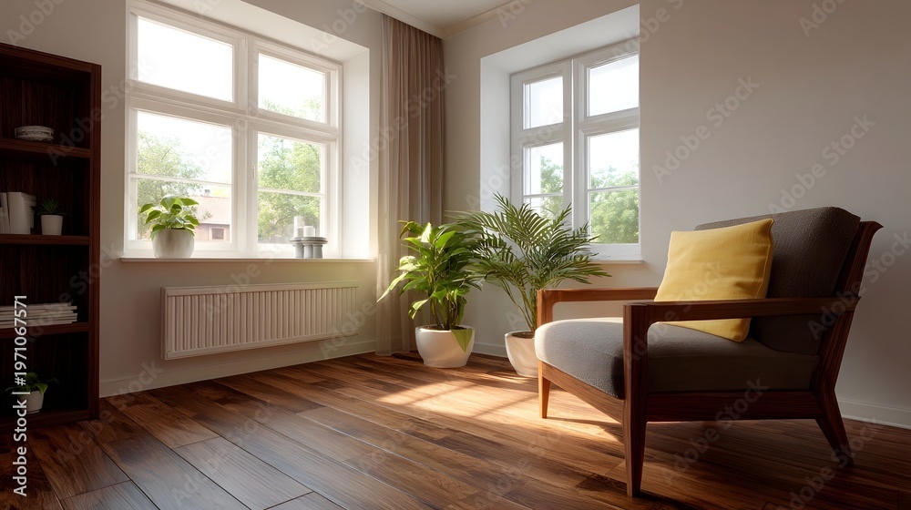 Fototapeta premium A sunlit cozy living room featuring wooden floors plants and a comfortable armchair