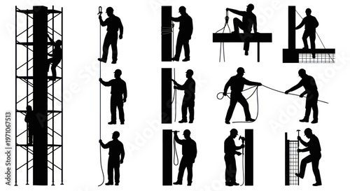 Construction Workers Vector Silhouettes: Building, Scaffolding  Rope Tasks Set