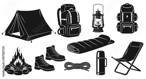 Camping and Hiking Outdoor Equipment Black and White Glyph Vector Icons Set