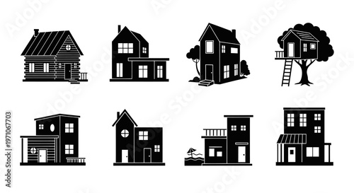 Black  White Glyph Houses Icon Set - Real Estate Residential Architecture