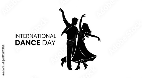 International dance day illustration with dancing couple silhouette in black on white background