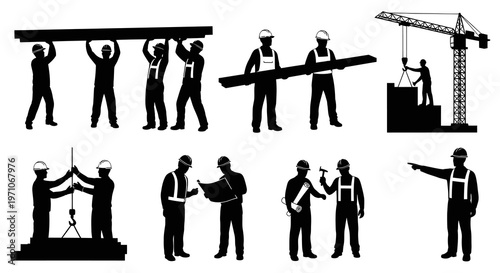 Construction Industry Workers, Crane  Equipment Silhouettes - Black  White Glyph Vector Set