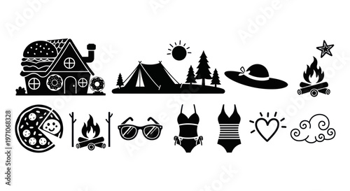 Summer Vacation, Food  Outdoor Activity Glyph Icons Collection - Black Solid Symbols