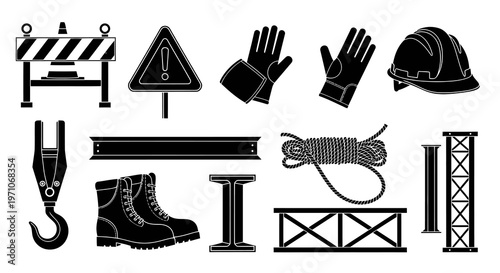 Construction Industry Glyph Icons Set: Safety Gear, Tools, Equipment, and Building Materials