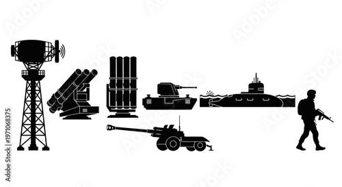 Military Defense Industry Equipment Silhouettes: Weapons, Vehicles, and Soldier Icons Set