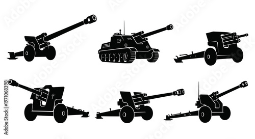 Historic Military Artillery Cannons Self-Propelled Guns Black Silhouette Vector Icons