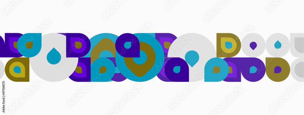 Fototapeta premium Abstract geometric pattern. Circles, squares, rectangles overlap. Blue, purple, gold, teal colors dominate design. Minimalist style.