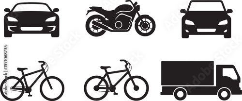 car motorcycle bicycle truck silhouette set black vector isolated on white background minimal design