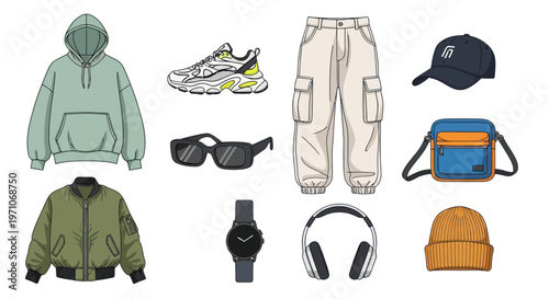 Modern Streetwear Fashion Apparel and Accessories Vector Cartoon Illustration