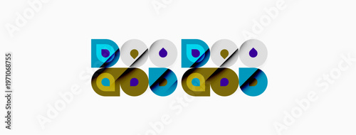 Abstract graphic design features repeating circular motifs. Turquoise, gold, navy, olive colors create playful pattern. Simple, modern aesthetic.