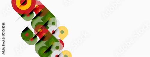 Abstract colorful text design. Overlapping shapes create dynamic visual effect. Bright hues dominate white background.