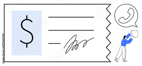 Digital payments. Digital payments with a check, signature, and dollar symbol. Communication tools thumbs up a phone icon enhance transaction detail. For finance, e-commerce, banking solutions