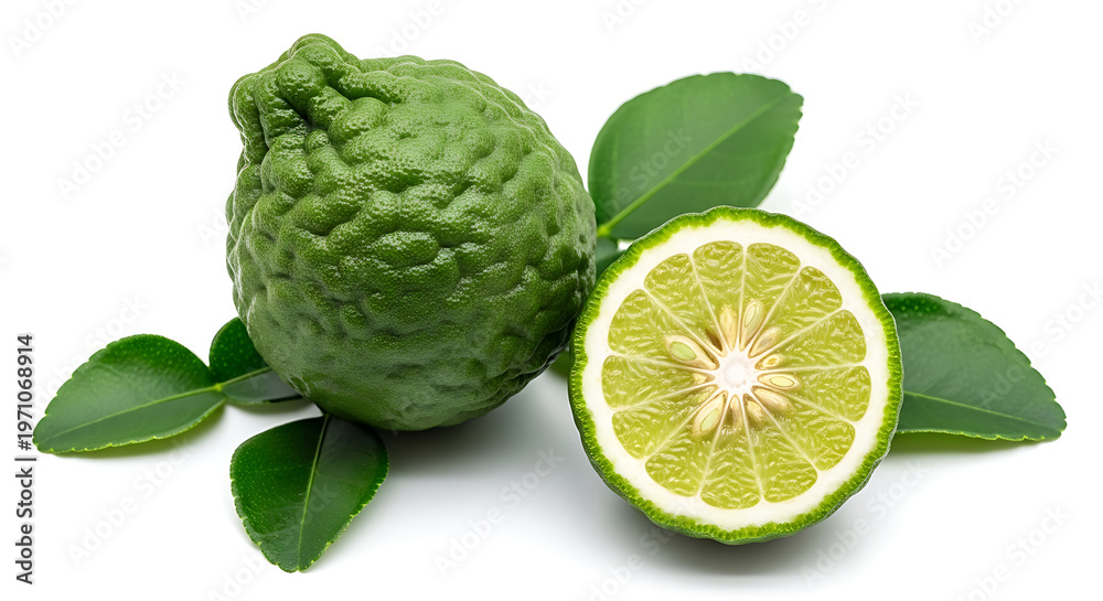 Fototapeta premium Fresh bergamot fruit with leaves and slice on white background for aromatic citrus and herbal cooking concept