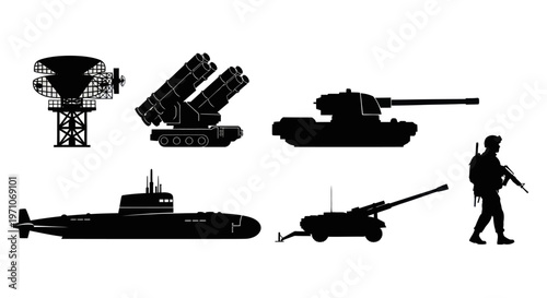 Military Defense Equipment and Soldier Silhouettes Vector Set