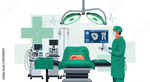 Modern Operating Room with Surgeon and Advanced Medical Equipment