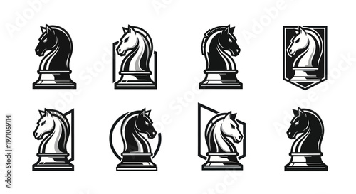 Monochrome Chess Knight Vector Logos and Icons for Strategy Games