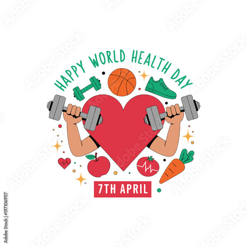 Creative World Health Day vector illustration featuring heart shape with medical symbols, stethoscope and healthcare concept. 