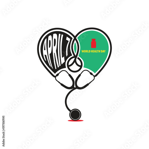 Creative World Health Day vector illustration featuring heart shape with medical symbols, stethoscope and healthcare concept. 