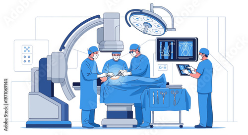 Modern operating room with surgical team performing procedure using advanced medical imaging technology