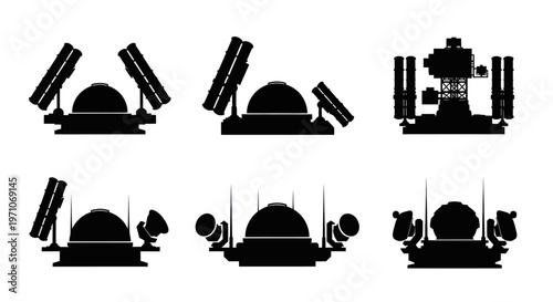 Military Air Defense System Silhouettes - Vector Icons of Missile Launchers  Radar