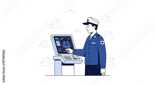 Nautical Officer Navigates Ship Using Radar System on Bridge