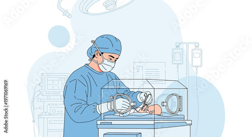 Neonatal Intensive Care: Doctor Cares for Newborn in Incubator