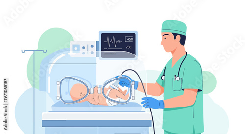 Neonatal Intensive Care: Doctor Attends Premature Baby in Incubator with Medical Equipment